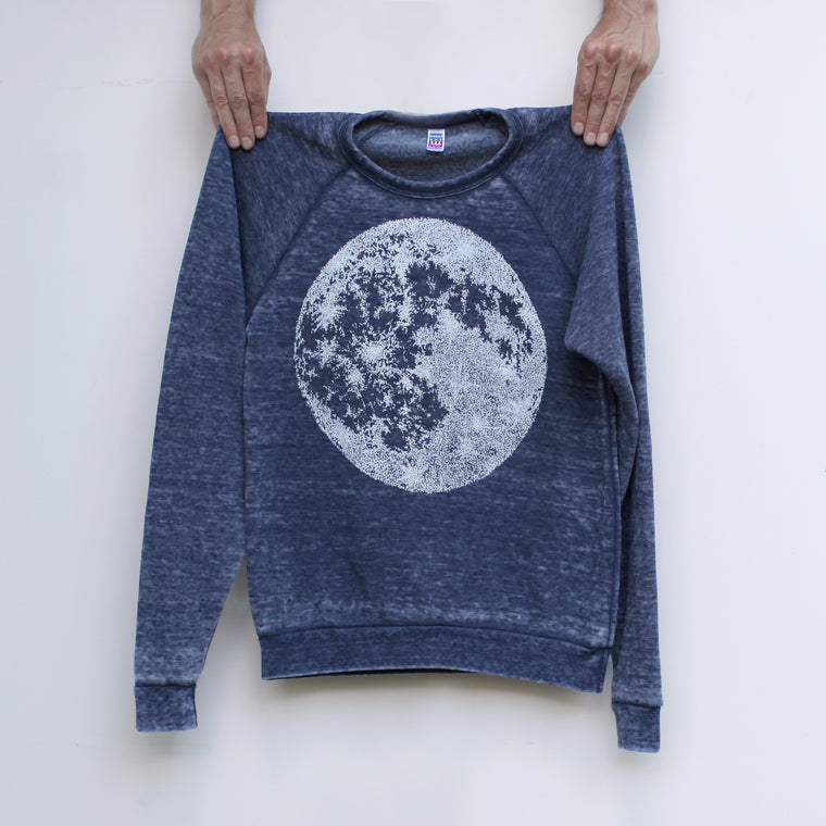 Celestial Full Moon Unisex Burnout Fleece Pullover Sweatshirt Navy Blue