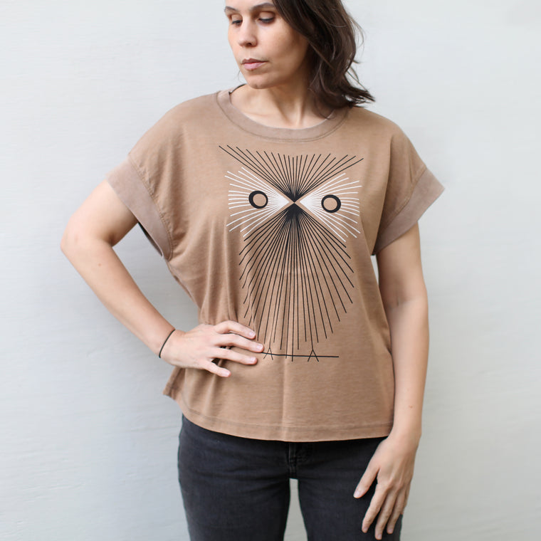 Mid Century Modern Style Woodland Owl Womens Cap Sleeve Boxy Top in Rust