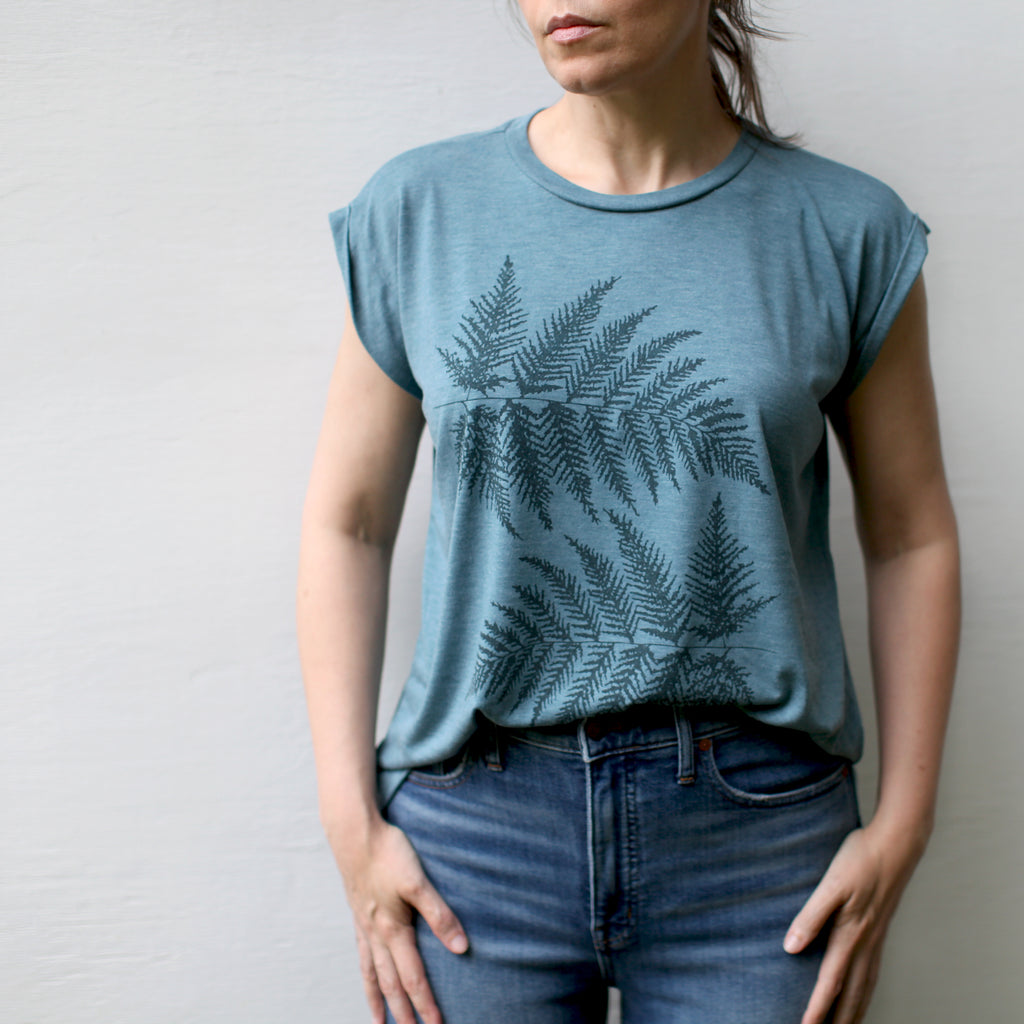 Forest Ferns Botanical Print Womens Rolled Cuff Sleeve Muscle Tee Teal