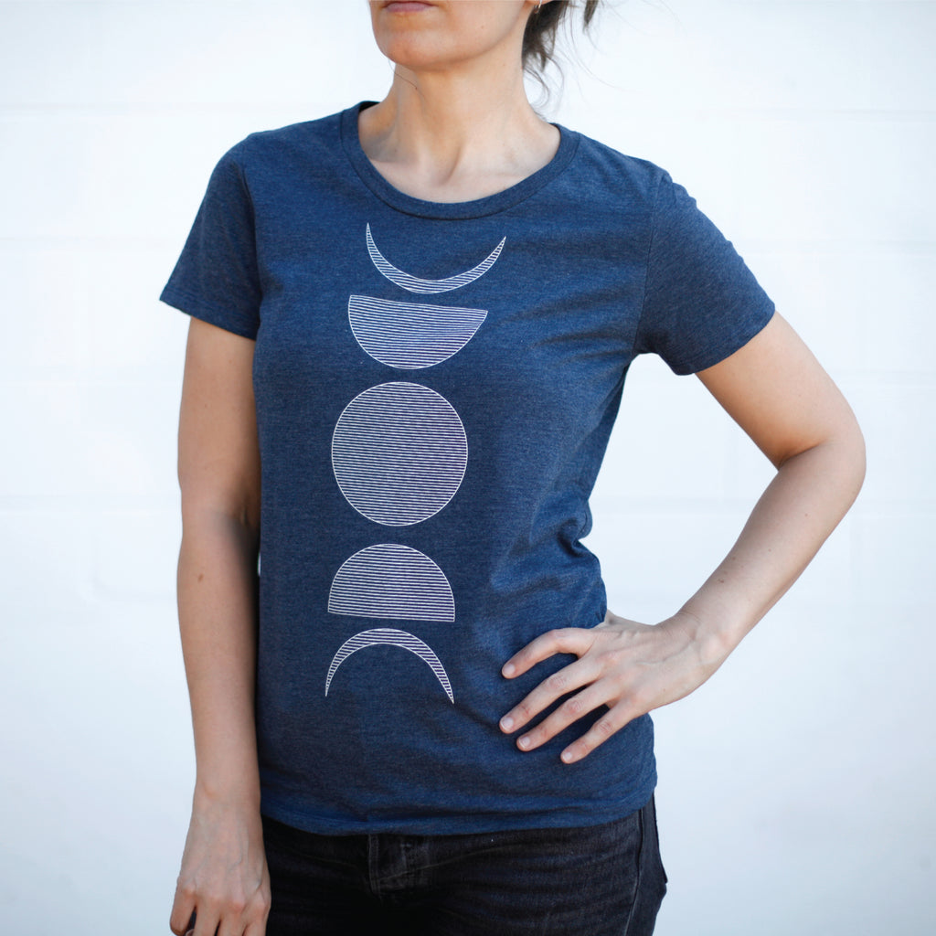 Moon Phases Lunar Cycle Minimalist Geometric Womens Tee Navy Blue