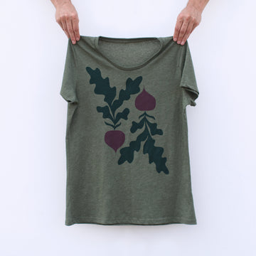 Red Beets Botanical Screenprinted Women's T-shirt in Sage Green