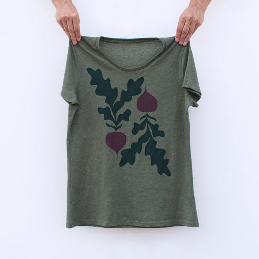 Red Beets Botanical Screenprinted Women's T-shirt in Sage Green