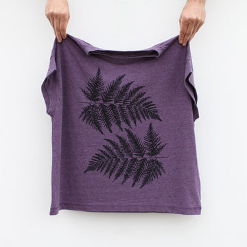 Loose Fit Forest Fern Leaves Womens Flowy Cap Sleeve Tee in Heather Plum