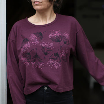 Eucalyptus Floral Print Long Sleeve Women's Cotton Crop Tee in Merlot