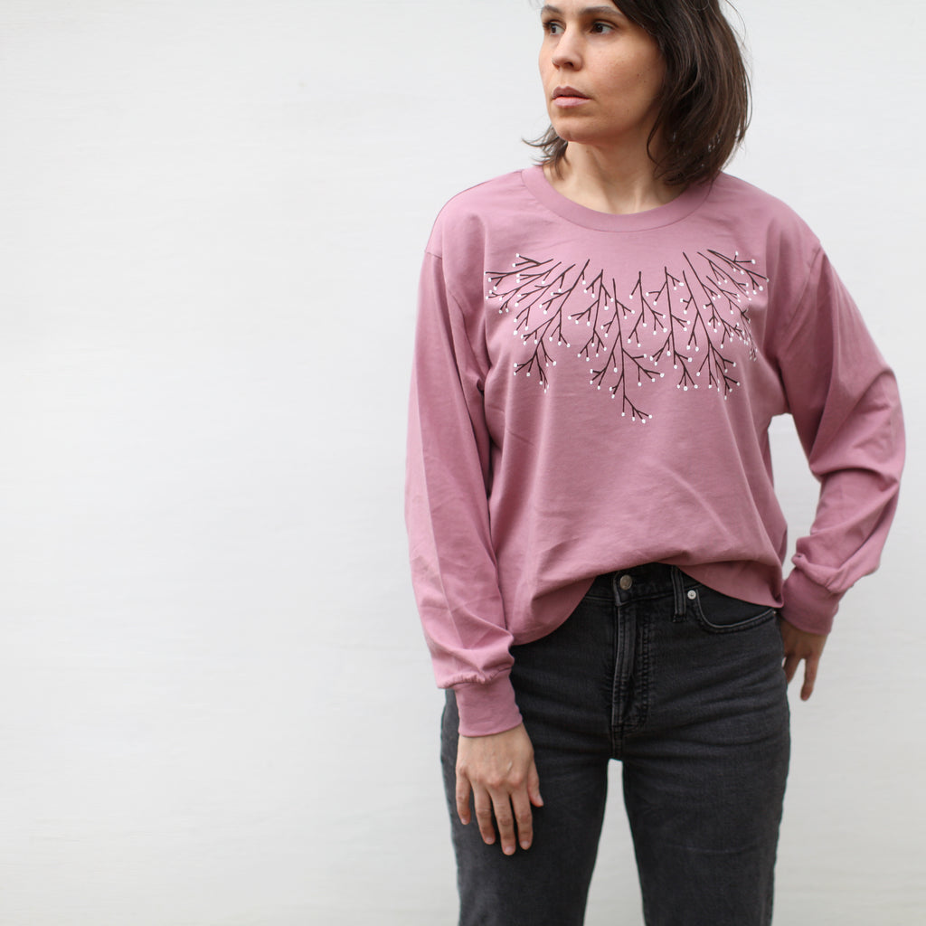 Baby's Breath Floral Print 100% Cotton Long Sleeve Crop Tee Mauve Pink