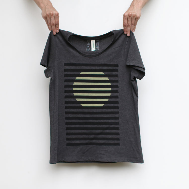 Women's Bauhaus Inspired T-Shirt - Minimalist Rising Sun Screen Print on Coal Black