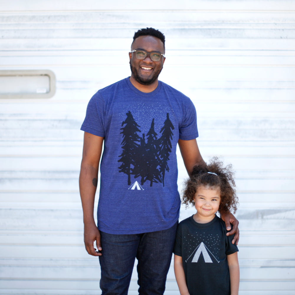 The <a href="https://www.blackbirdsupply.com/products/father-son-matching-shirts-starry-night-camping-and-adventure-tshirt-set" target="blank">dad & daughter version</a> of our Starry Night t-shirt set.
