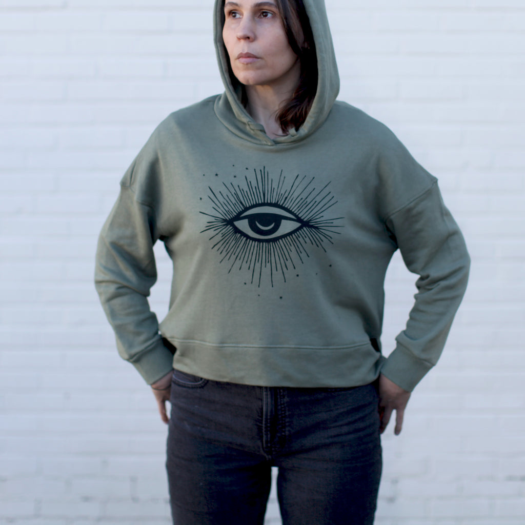 Hex Third Eye Moon and Stars Cropped Drop Shoulder Hoodie Army Green