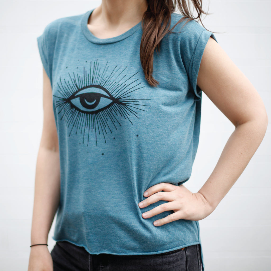 The Hex Third Eye Mystical Moon and Stars Loose Fit Muscle Tee in Teal