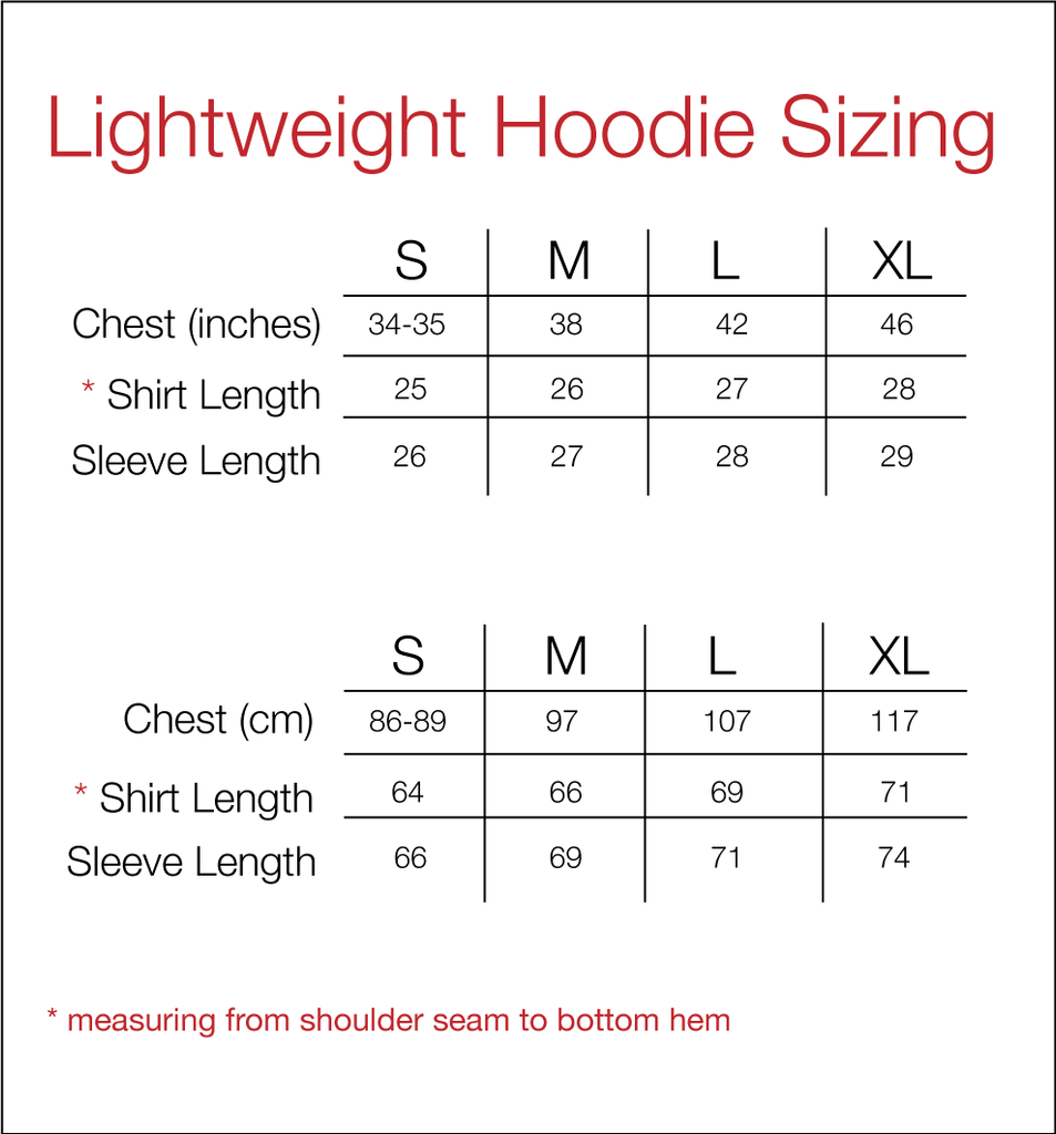 Lightweight Zip Hoodie Sizing Chart.