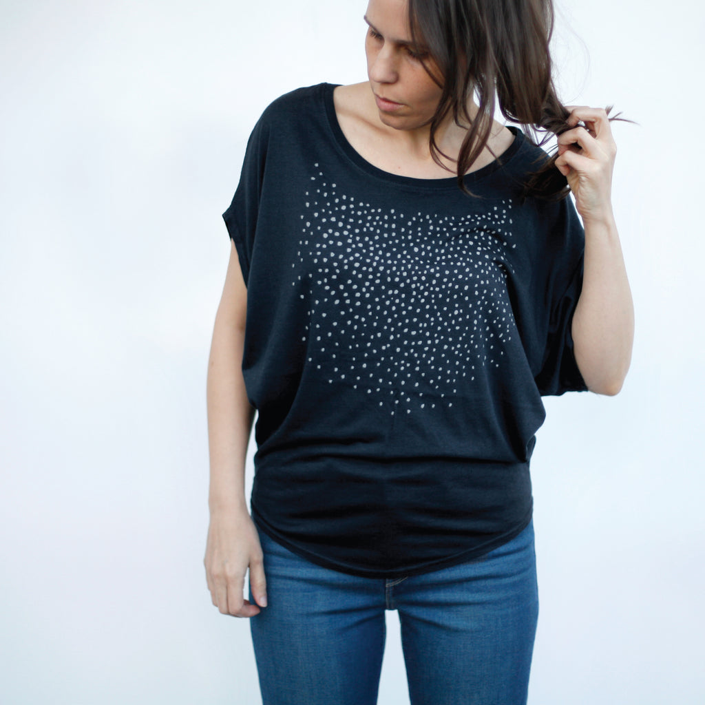 Meteor Shower Loose Fitting Organic Cotton Womens Boho Style Top Black