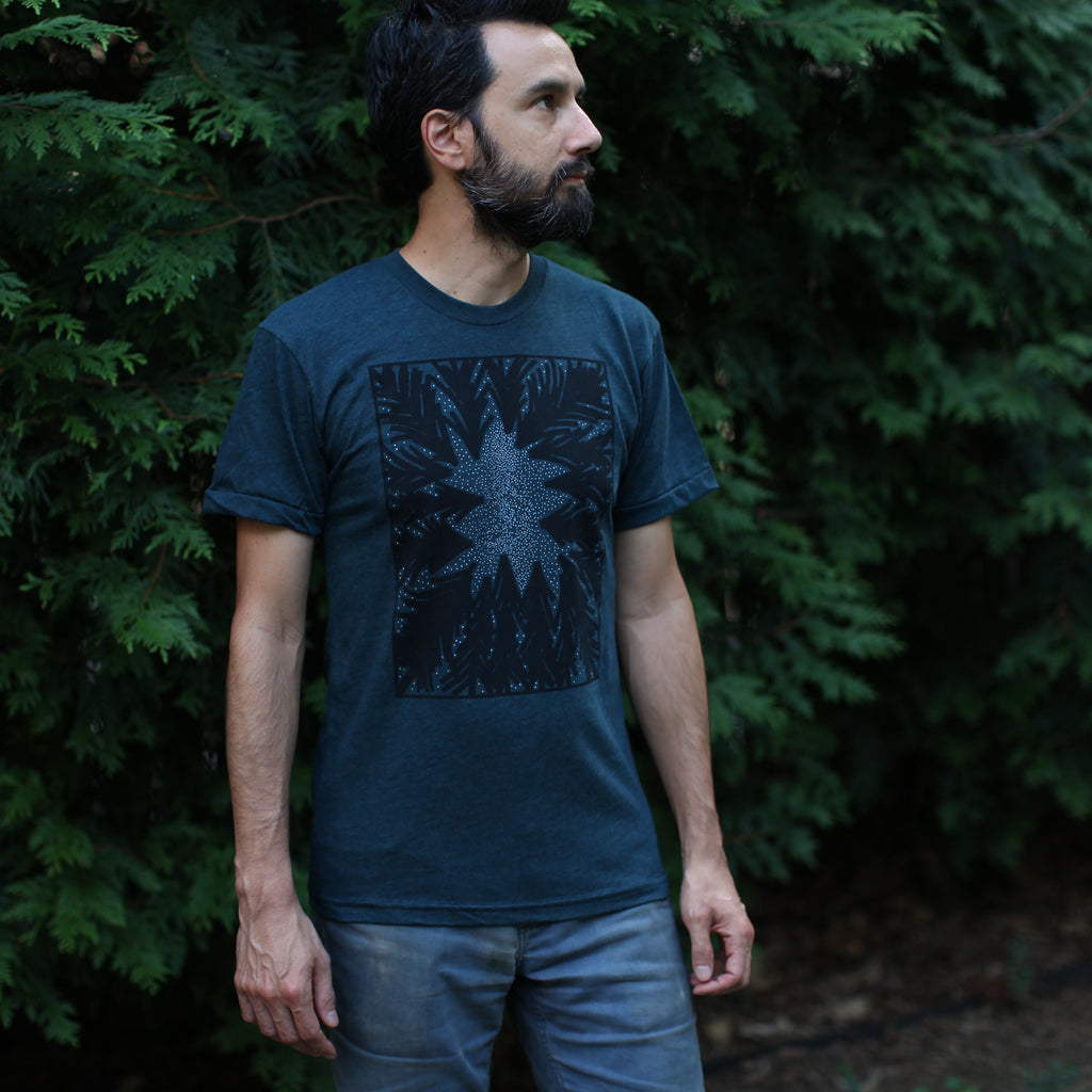 Men's Milky Way Galaxy Stargazing T-shirt, Alpine Forest Screenprint on Black Aqua