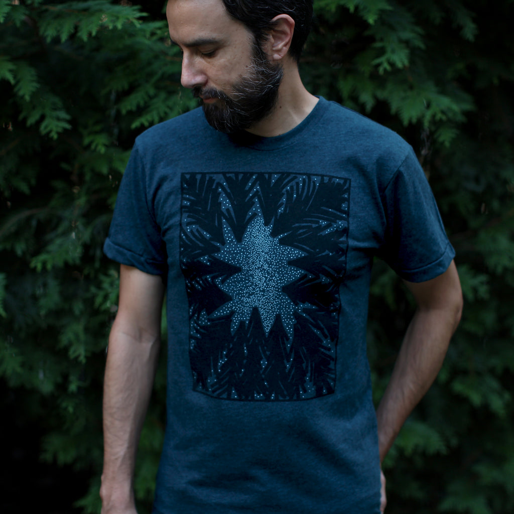 Men's Milky Way Galaxy Stargazing T-shirt, Alpine Forest Screenprint on Black Aqua