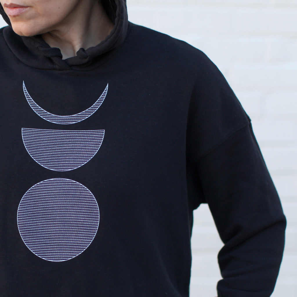 Phases of the Moon Cropped Drop Shoulder Terrycloth Hoodie Black