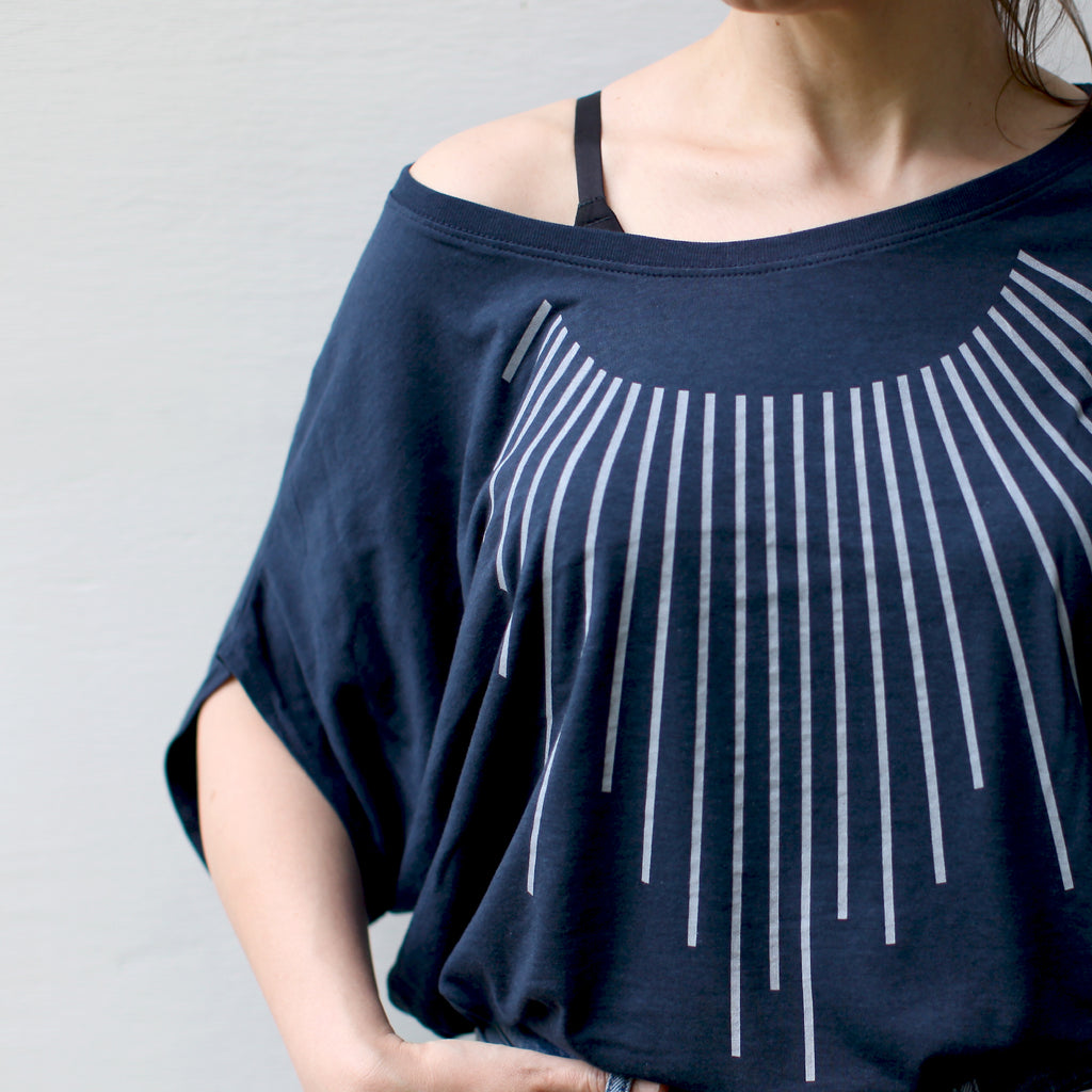 Modern Minimalist Off the Shoulder Organic Cotton Bamboo Top in Navy Blue