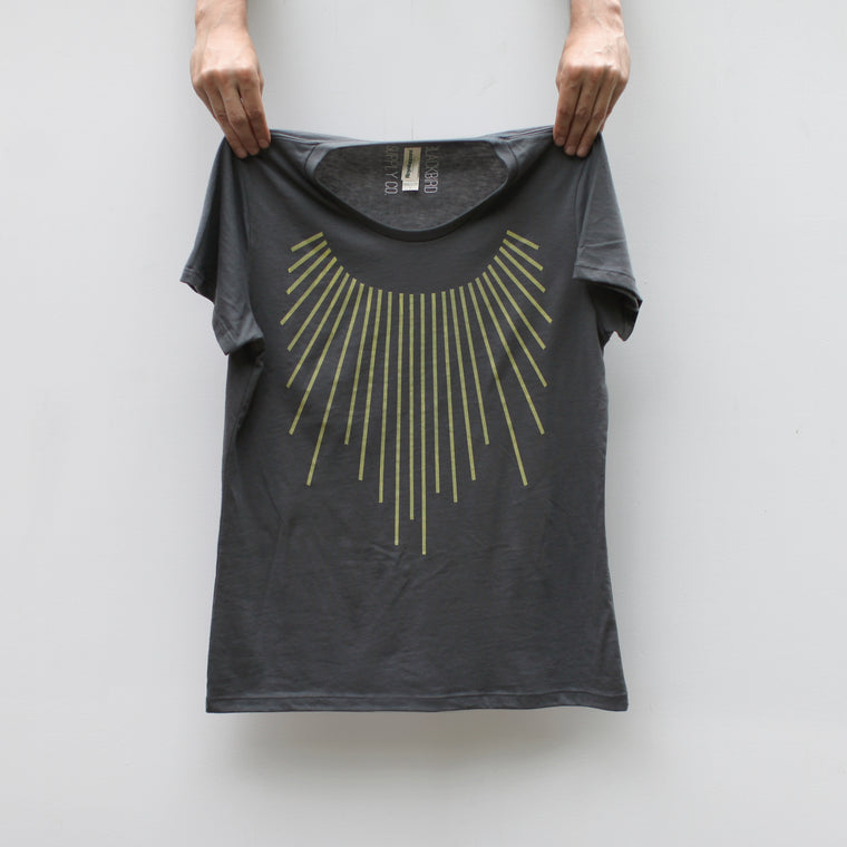 Yellow Sun Collar Solar Rays Art Deco Print Womens Graphic Tee Asphalt Gray