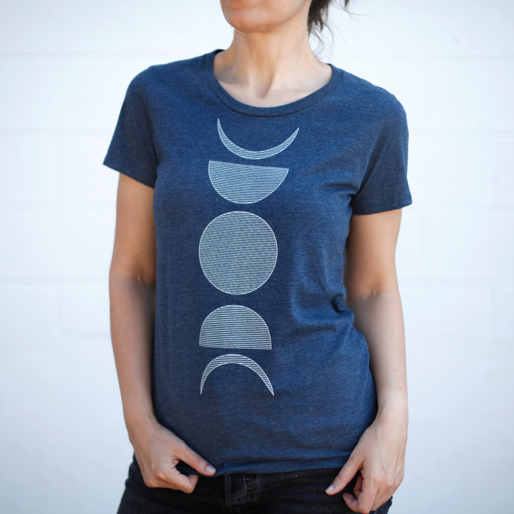 Moon Phases Lunar Cycle Minimalist Geometric Womens Tee Navy Blue